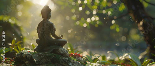 Serene Buddha statue meditating amidst radiant morning sunbeams.