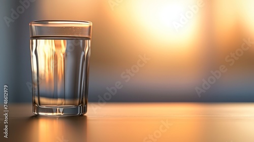 a glass of water on a table in front of a blurry image of the light coming through the window. photo