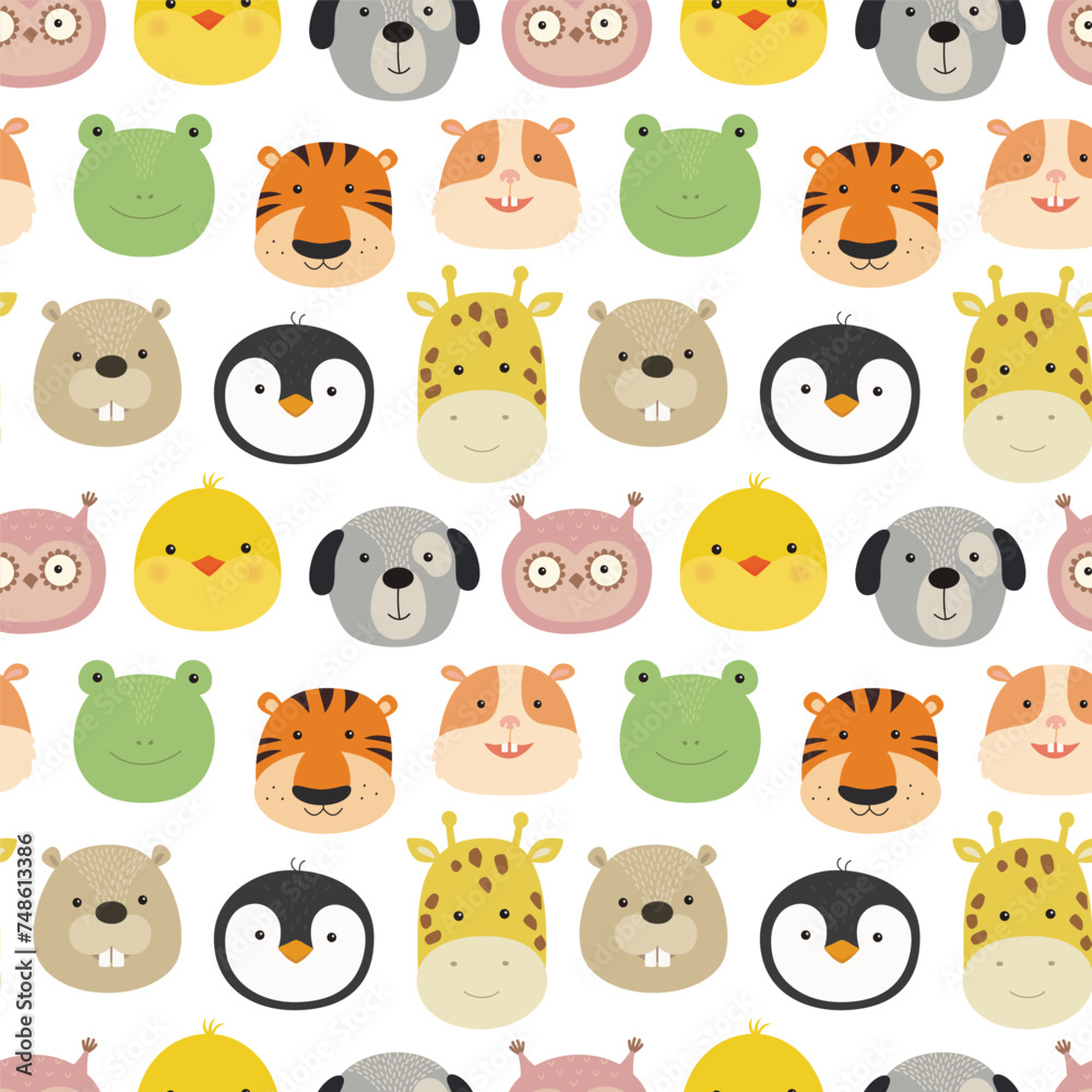 Seamless childish pattern with funny animals faces . Creative scandinavian kids texture for fabric, wrapping, textile, wallpaper, apparel.