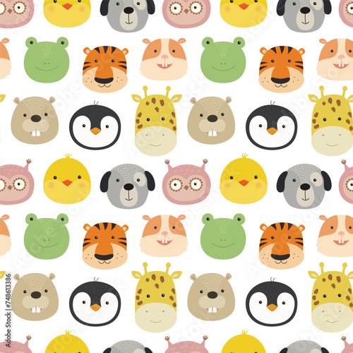 Seamless childish pattern with funny animals faces . Creative scandinavian kids texture for fabric, wrapping, textile, wallpaper, apparel. © Nadzin