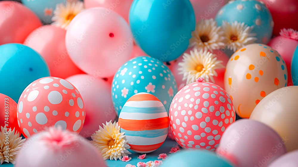 decoraciones con globos de Pascua inflando globos y decorándolos para que parezcan huevos de Pascua de colores.