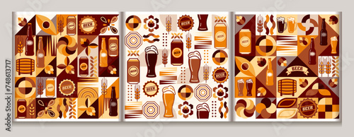 Seamless patterns with icons of beer cans, barrel, glasses, bottle cap, geometric abstract shapes. Simple flat style. Good for branding, decoration of beer package, cover design, decorative print.