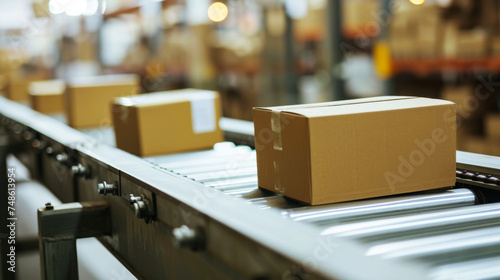 Multiple cardboard box packages running along a conveyor belt
