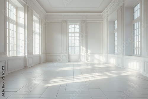 Spacious and elegant empty room with large windows and sunlight