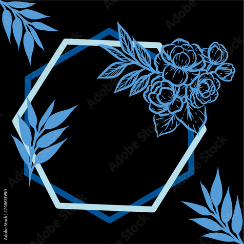 Wedding Invatation with blue floral frame and peony flower 