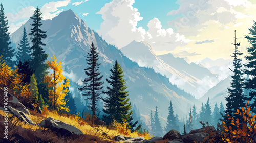 Beautiful mountain landscape in autumn with tall trees