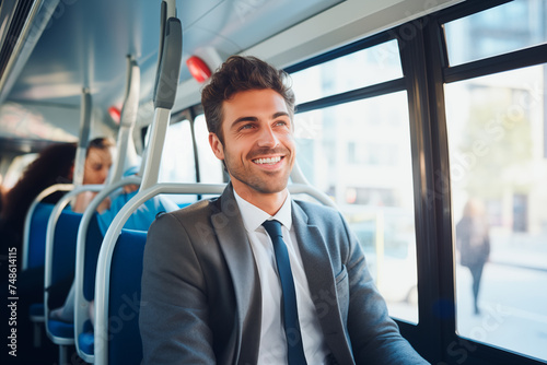 Casual man smiling sitting on a public bus commuting