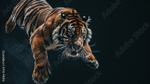 Tiger jump on a black background. Flying animal. © Vladimir