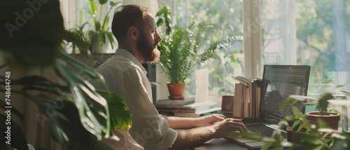 A bearded man works from home, staying focused at his scenic window-side desk. photo