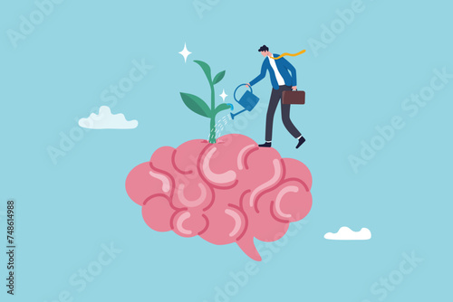 Growth mindset positive attitude to learn new thing, improvement to success, brain motivation or challenge to achieve goal, learning concept, businessman watering growth seedling on his brain.