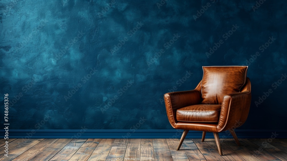 Mock up Modern interior of living room with leather armchair on wood flooring and dark blue wall, copy space. - obrazy, fototapety, plakaty 