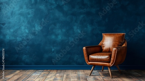 Mock up Modern interior of living room with leather armchair on wood flooring and dark blue wall, copy space. photo
