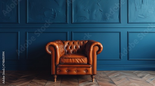 Mock up Modern interior of living room with leather armchair on wood flooring and dark blue wall, copy space.
