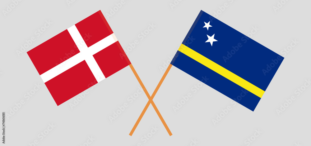 Crossed flags of Denmark and Country of Curacao. Official colors. Correct proportion