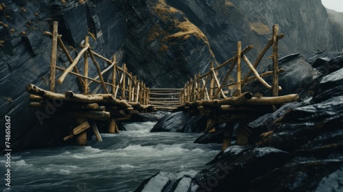 a wooden bridge over a body of water near a rocky mountain side with a bridge made of logs in the middle of it. photo