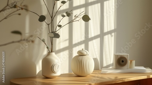 a couple of vases sitting on top of a wooden table next to a vase with a plant in it. photo