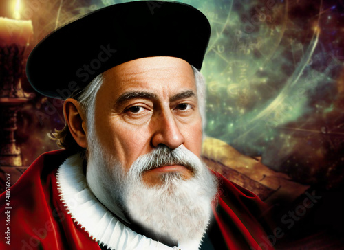 Nostradamus, (Michel de Nostredame), was an astrologer, writer, pharmacist French, was one of the most famous writers of prophecies in history, generative ai photo