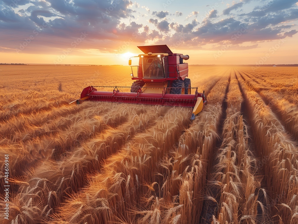 Fototapeta premium An agricultural tractor cultivates the land. Harvester on a wheat field. A combine harvester working in a large field against the backdrop of sunset.