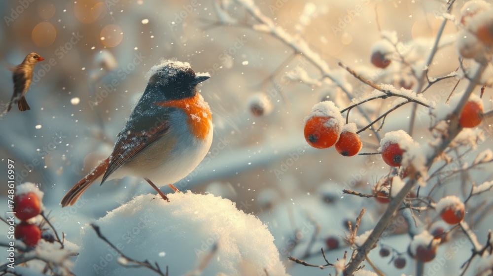 Fototapeta premium a small bird sitting on a branch of a tree with berries in the foreground and snow on the ground.