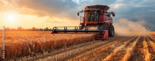 An agricultural tractor cultivates the land. Harvester on a wheat field. Industry, harvesting, rural business. photo