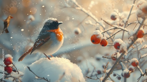 a small bird sitting on a branch of a tree with berries in the foreground and snow on the ground. © Alice