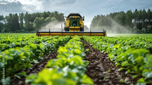 Farm machinery spraying insecticide to the green field, agricultural natural seasonal spring background photo