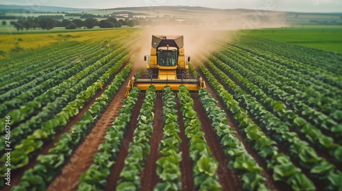 Farm machinery spraying insecticide to the green field, agricultural natural seasonal spring background photo