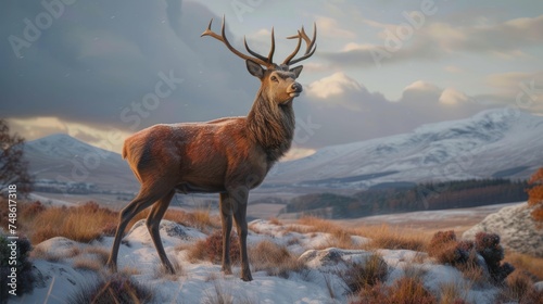 a painting of a stag standing in a snowy field with mountains background and clouds sky. © Alice
