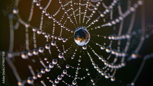 a close up of a spider web with drops of water on the spider's web, with a dark background.