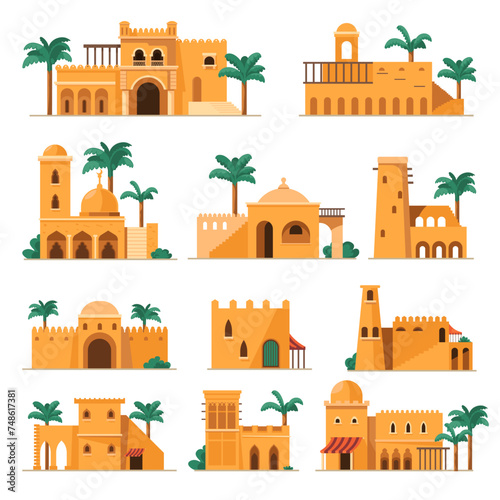 Set of traditional arabic mud brick buildings