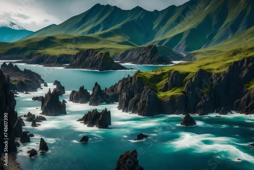 The nature of the Kamchatka peninsula and a colony of birds on the rocks for 4K wallpaper