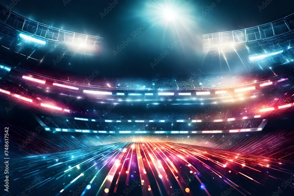 Full stadium and neoned colorful flashlights background. Flyer with copyspace in modern colors. Concept of sport, competition, winning, action and motion. Empty area for championships, your ad, design
