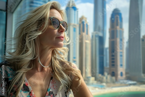 A stylish and wealthy blonde lady is delighting in the Dubai skyline with skyscraper architecture from a luxurious hotel