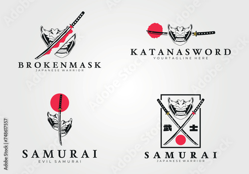 set of katana sword and mask devil logo vintage vector illustration concept template icon and design