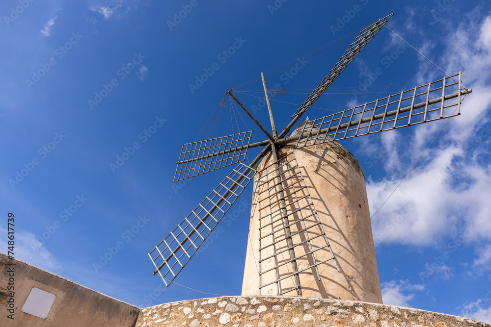 Historic windmill of Es Jonquet in old town of Palma de Mallorca, Majorca, Mallorca, Balearic Islands, Spain, Europe