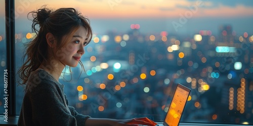A dedicated Japanese businesswoman, working overtime with a laptop in a modern skyscraper at night. photo