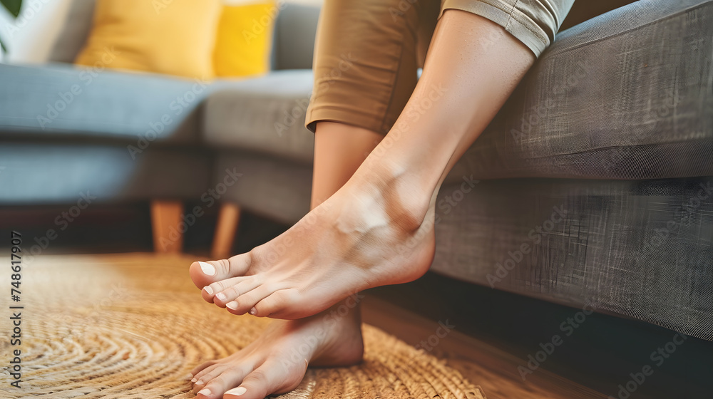 Foot pain concept, close up hand of young woman rubbing, massaging sore