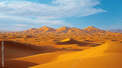 a desert landscape with sand dunes and mountains in the distance with a blue sky with wispy wispy wispy wispy wispy wispy wispy wispy wispy wispy wispy wispy wispy clouds.
