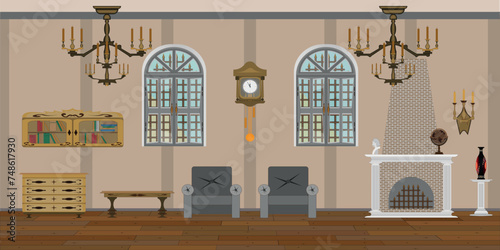 Living room with chandelier, furniture, fireplace and windows in antique style