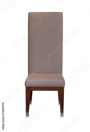 front view of wooden chair with fabric seat on white background
