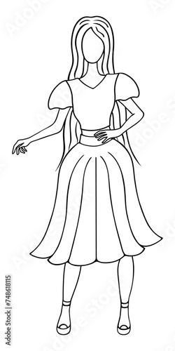 Young woman. Sketch. Lady in a blouse with bell sleeves and a fluffy long skirt with a belt. Vector illustration. Doodle style. A girl with long hair froze in a beautiful pose. 