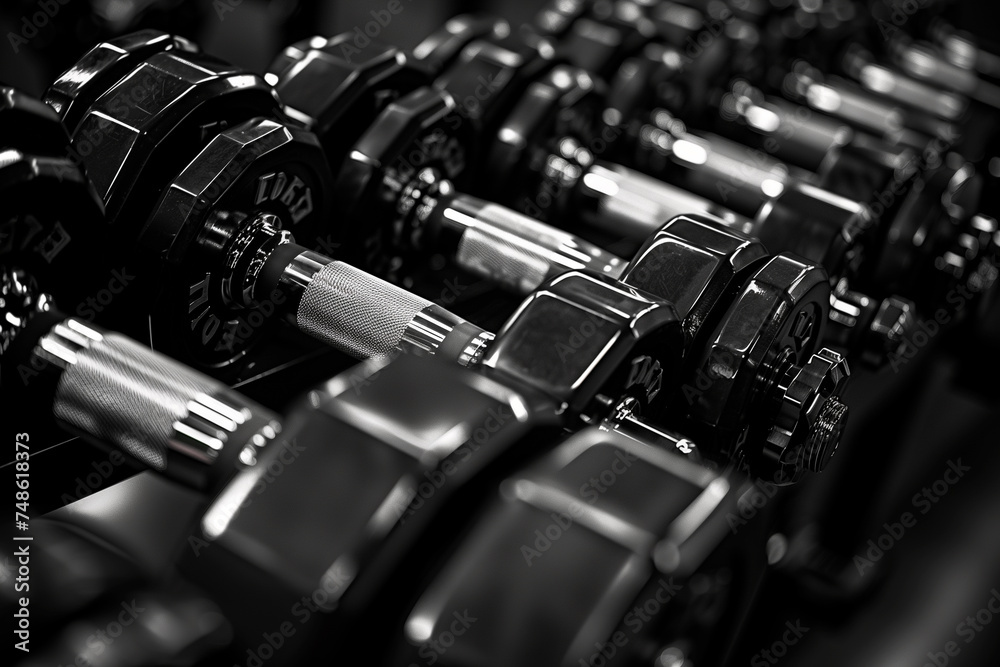 Closeup of dumbbells in a row. Selective focus. Closeup of dumbbells in a row. Selective focus.
