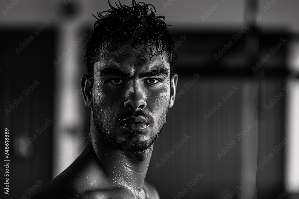 Black and white portrait of a muscular young man in the gym. - obrazy, fototapety, plakaty 