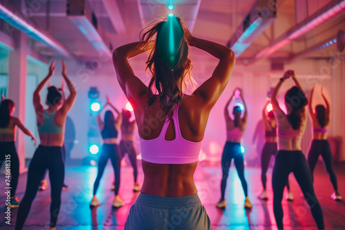 back view of young sportswoman during yoga class in gym