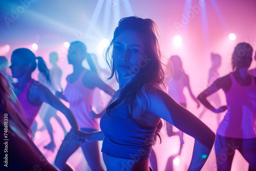 Attractive young woman dancing in nightclub with disco lights on background.
