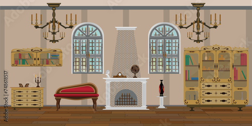 background in the form of the interior of a bright living room with a fireplace