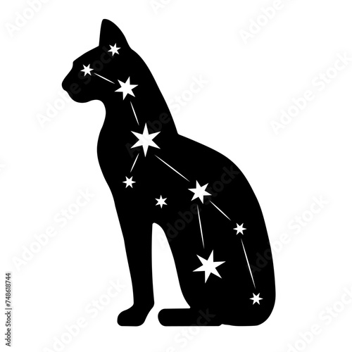 Sacred egyptian cat. Goddess Bastet, Bast. Stars, constellation. Symbol of agility, independence, mystery, femininity, fertility, motherhood and protection. Sign, icon, logo, silhouette, tattoo.