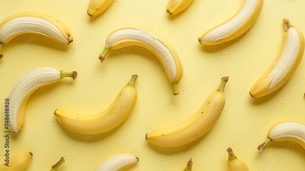 a group of bananas sitting next to each other on a yellow surface with one banana in the middle of the picture.
