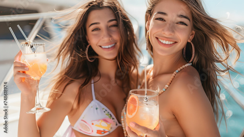A posed image of two women in bikinis  holding drinks and smiling at the camera  The drinks refreshing and summery. The yacht s exterior sleek and stylish.