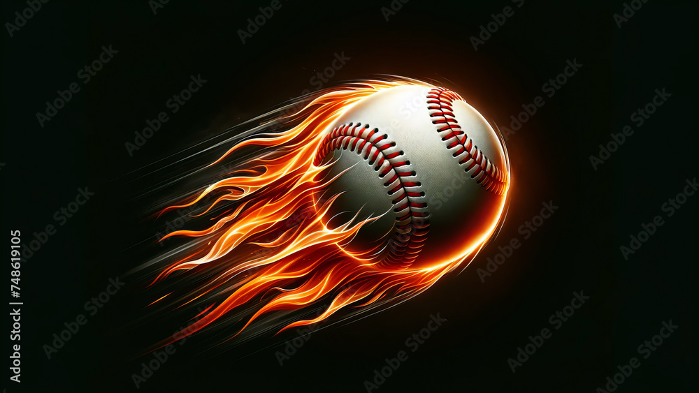 Fast Pitch Baseball with Fiery Trail on Dark Background Fast Pitch Baseball with Fiery Trail on Dark Background